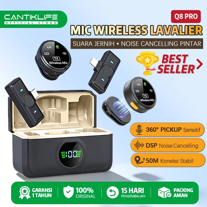Cantiklife Q8 Mikrofon Wireless Clip On Magnetic Dual Lavalier Mic HP IOS Type C Plug & Play dengan Charging Case untuk Live Streaming TikTok YouTube Rekaman Video