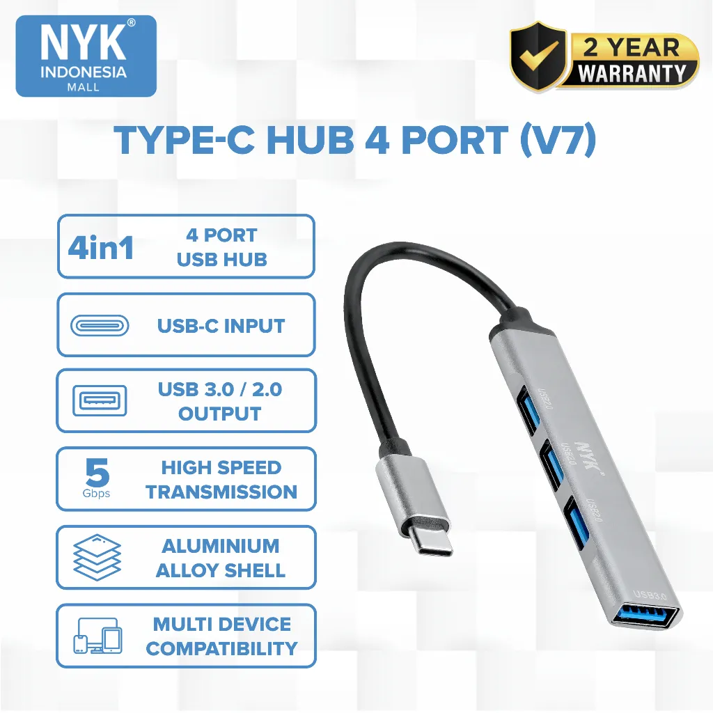 NYK NEW TYPE-C HUB 4 PORT V7 TC UHNV7 USB Hub 3.0 High Speed 5Gbps Aluminium Alloy for Laptop MacBook Smartphone Android