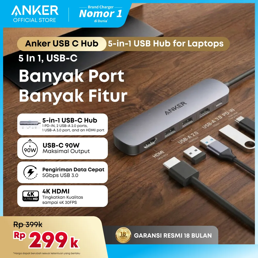 Anker USB C Hub, 5-in-1 USB Hub for Laptops, 4K HDMI USB-C Multiport Adapter with 90W Max Power Delivery, 3 USB A Data Ports USB C Dongle, Compact for MacBook - A8357