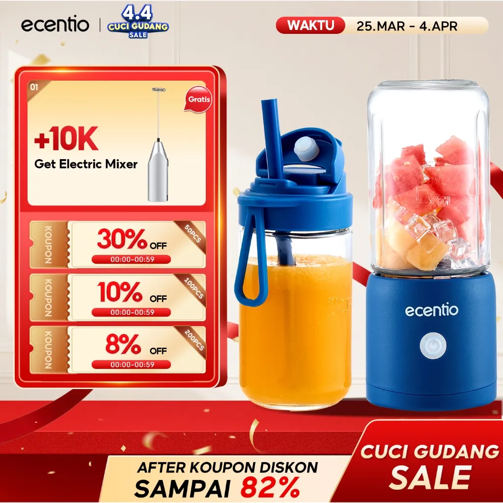 ecentio blender portable kapsul Kaca Gelas juicer buah tanpa ampas 10 Pisau blender jus buah hand blender mini juicer juicer portable blender 380ml+380ml blender jus