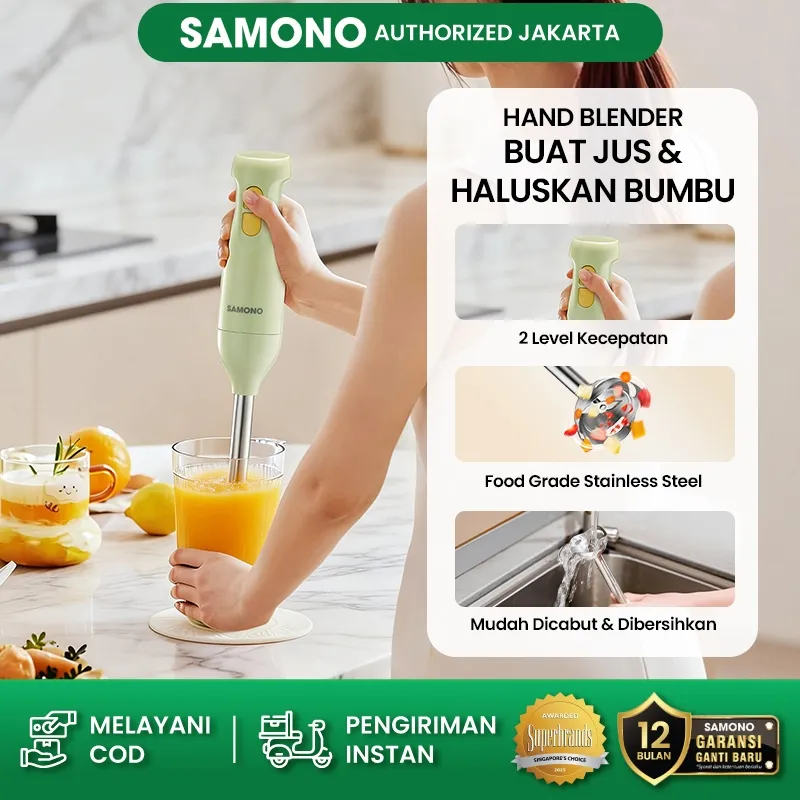 Samono Hand Blender Juice Smoothie Jus Sehat Low Watt 250W 2 Mode Kecepatan Stainless Steel Anti Karat Pisau Tajam Garansi Resmi 1 Tahun Samono Official SW-HB200A