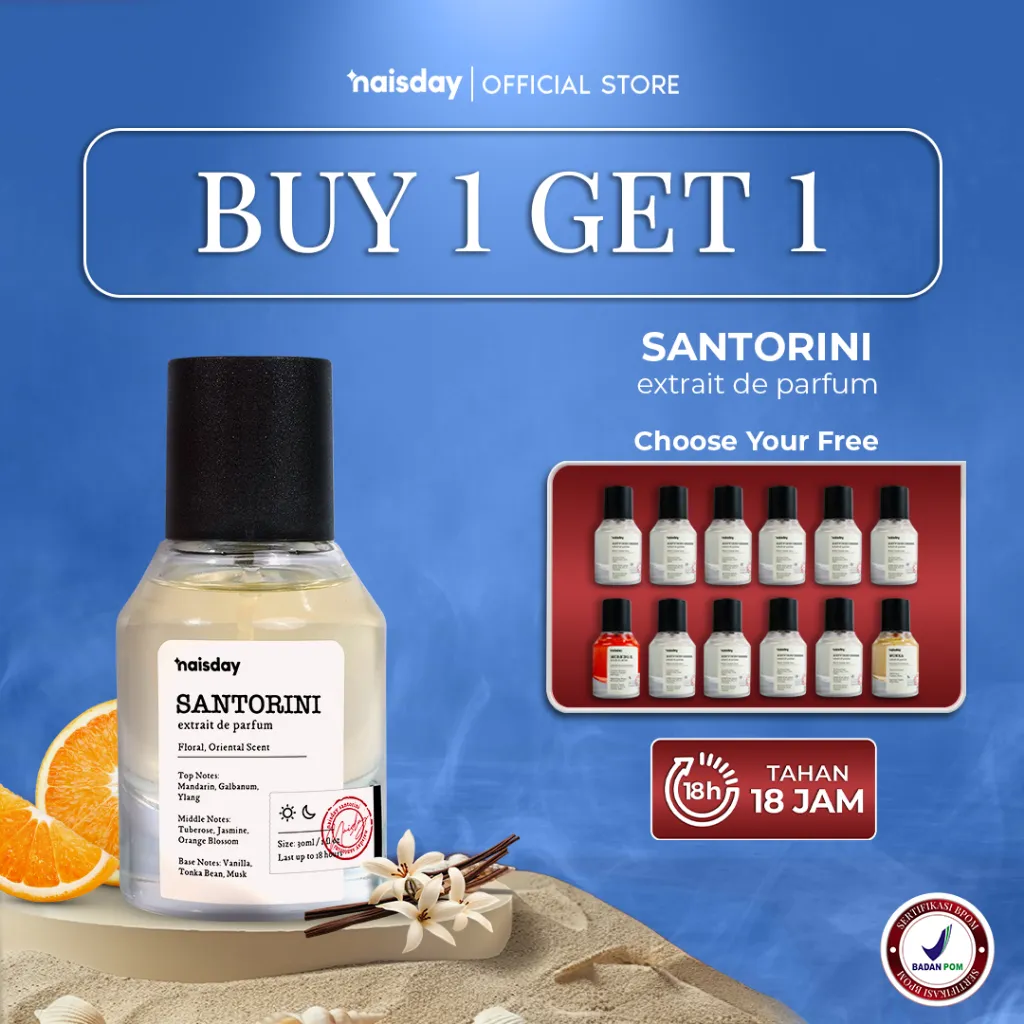 [BUY 1 GET 1] NAISDAY Extrait de Perfume Santorini – Parfum Laki-laki Wanita Unisex Extra Long Lasting Minyak Wangi Floral Oriental Tahan Lama Segar Fresh 30ml