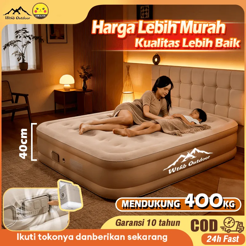 Kasur Angin Pompa Otomatis Tempat Tidur Tiup Portabel untuk Camping & Rumah Double Air Bed Tahan 400kg Bonus Pompa Udara