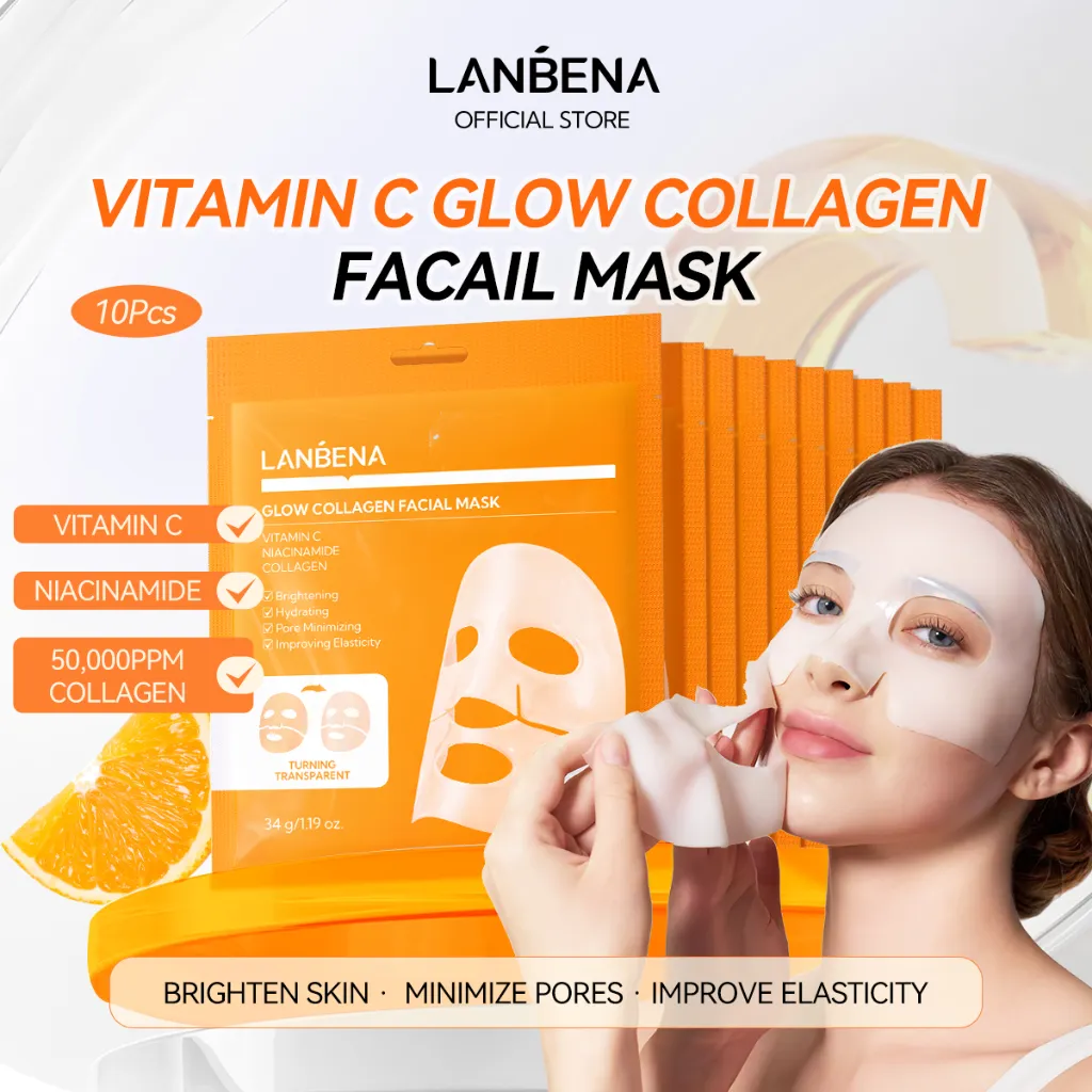 [HALAL] LANBENA Vitamin C 50,000PPM COLLAGEN Glowing Mask 34g 10PCS/20PCS - Anti-penuaan Mencerahkan kulit Mencegah kerutan Mengurangi garis-garis halus Mengencangkan kulit