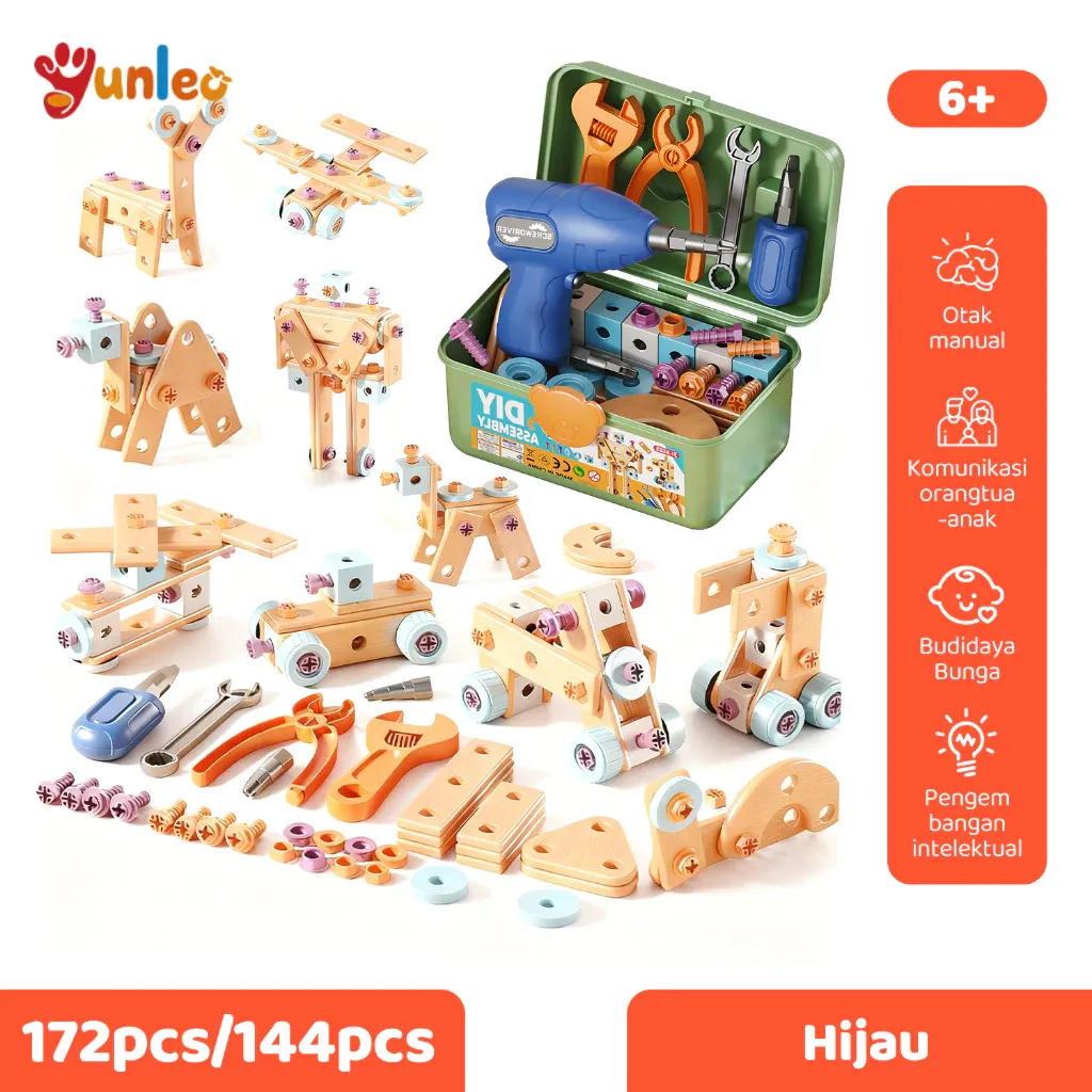 YUNLEO 172PCS/144PCS Mainan Edukasi Bor Listrik Tool Box Alat Perbaikan Simulasi Pembongkaran Dan Perakitan