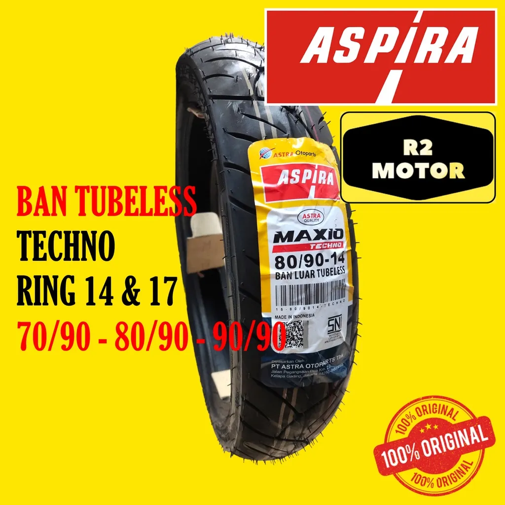 BAN LUAR TUBELESS ASPIRA 70/90 80/90 90/90 RING 14 17 MAXIO TECHNO BEAT VARIO SCOOPY MIO SUPRA BLADE REVO JUPITER VEGA SHOGUN SMASH