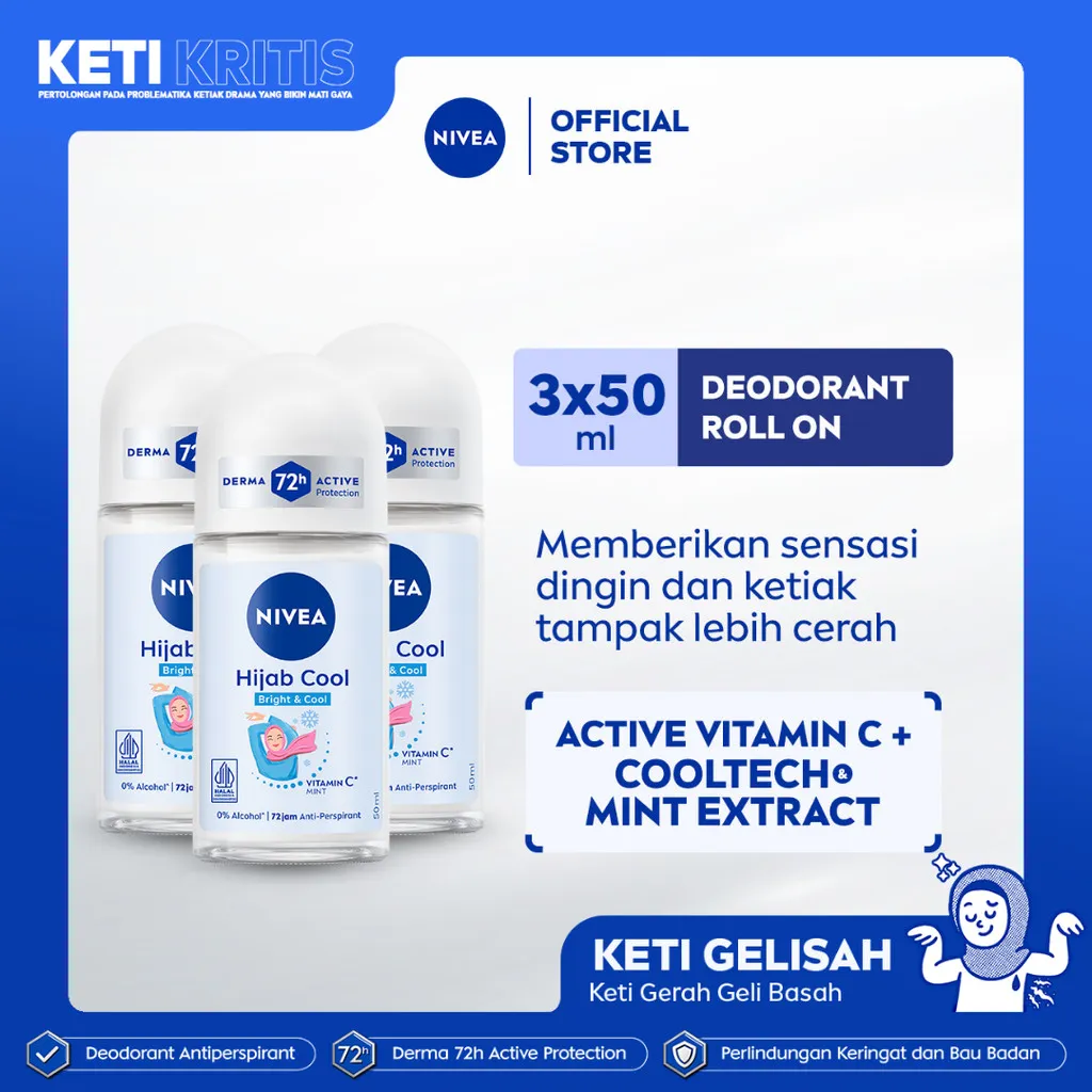(PAKET HEMAT ISI 3) NIVEA Deodorant Roll On Brightening Hijab Cool 50ml - Deodoran wanita hijab halal mencerahkan brightening kulit ketiak tahan keringat bau badan sensasi dingin instant wangi segar seharian - Antiperspiran, Ekstrak Mint, Halal