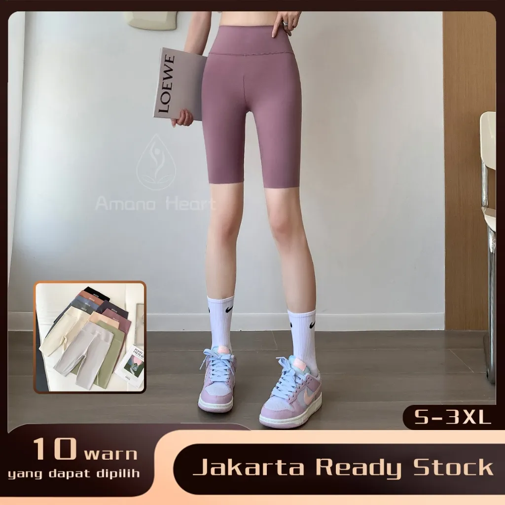 Amanoheart Hitam Celana kebugaran lima titik pinggang ultra-tinggi Ukuran besar Celana Pendek Yoga Legging Celana Olahraga Wanita High Waist plus size Yoga pants Running Sport Shorts ( Abu-abu, Hijau, Merah Muda, Putih, Biru, Warna Kulit)