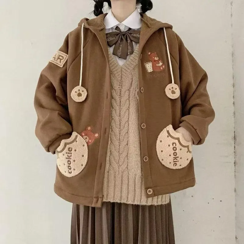 JAKET LUCU WANITA KOREA - COOKIE BEAR BUTTON - JACKET HOODIE TEBAL