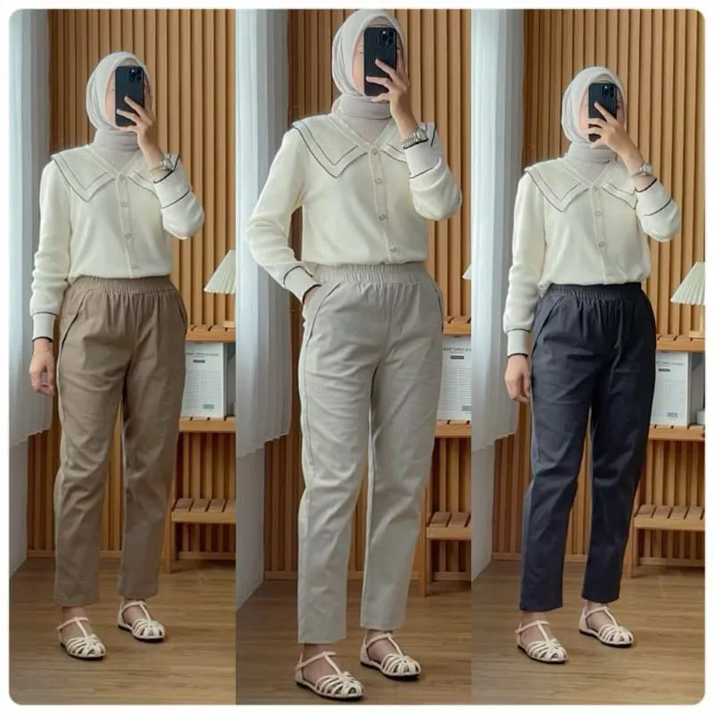Kino Basic Pants Celana Baggy Pants Wanita Full Karet Celana katun Celana Chino Stretch