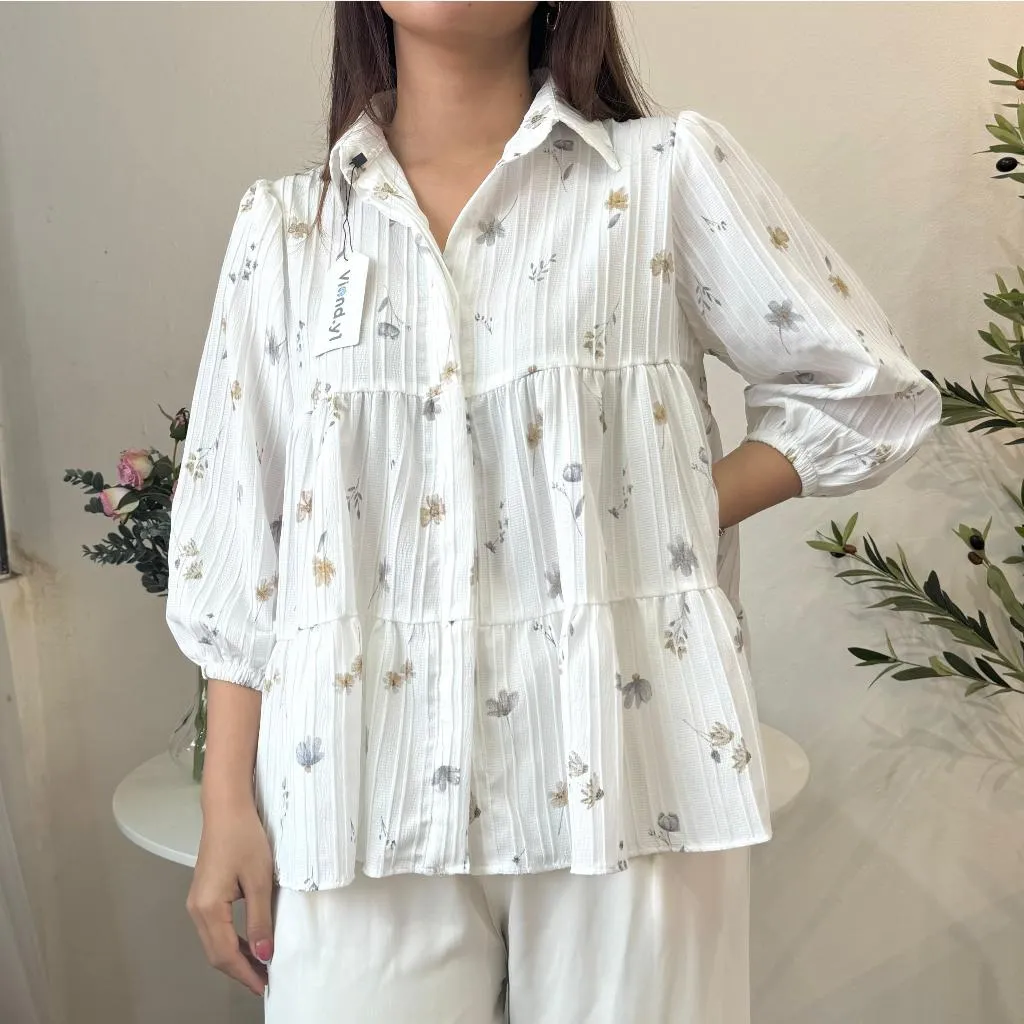 Blouse Floral Wanita Korea Style | Atasan Cewek Lengan Panjang Import | Puff Sleeve E.100