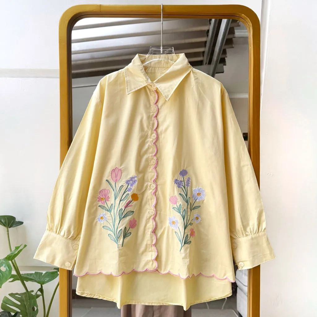 Velora Embroidery Shirt – Kemeja Bordir Bunga Lengan Panjang Wanita Korean Look