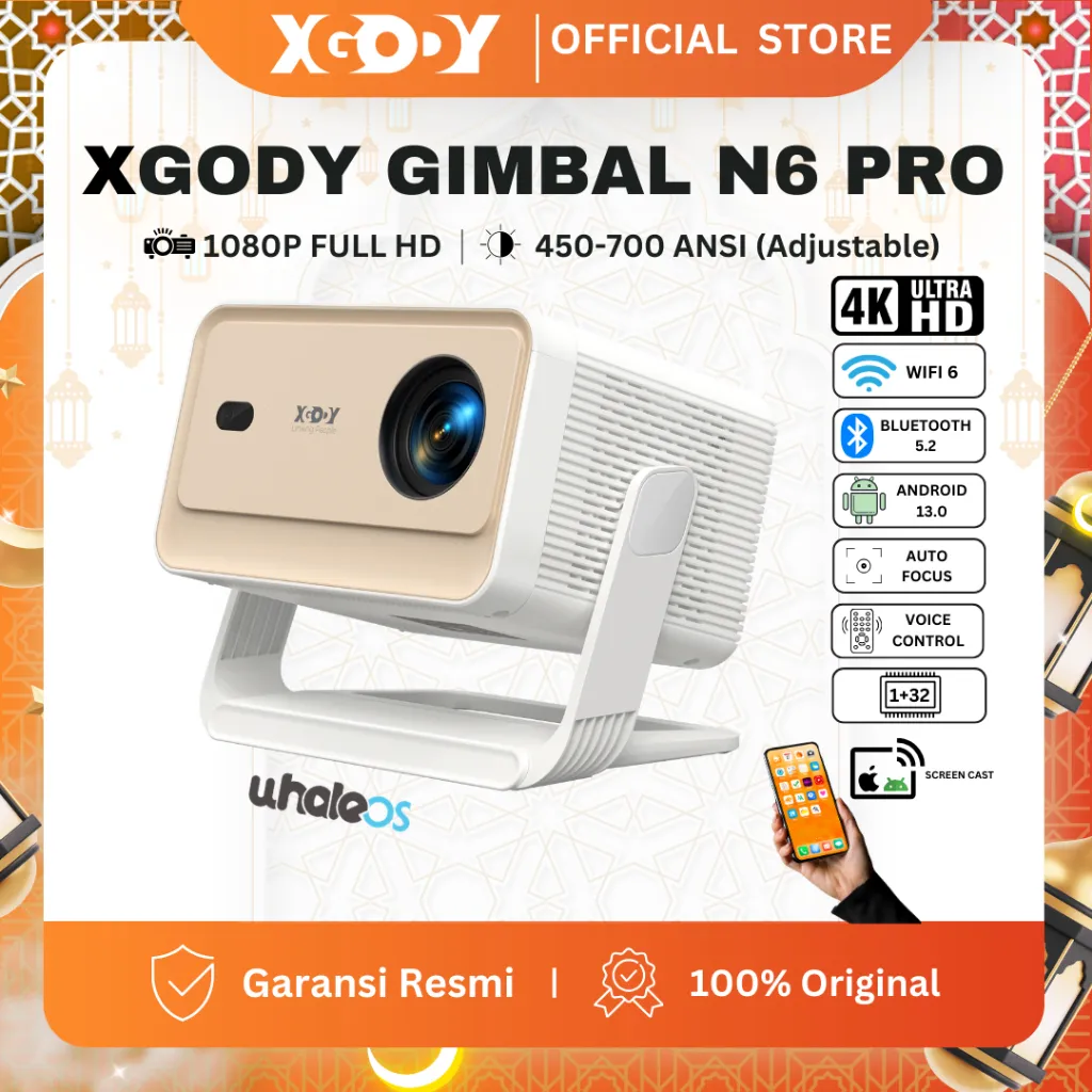 XGODY Gimbal N6 Pro Smart Proyektor LCD - Android13-FHD 1080P-WhaleOs System-Voice Control-700 ANSI