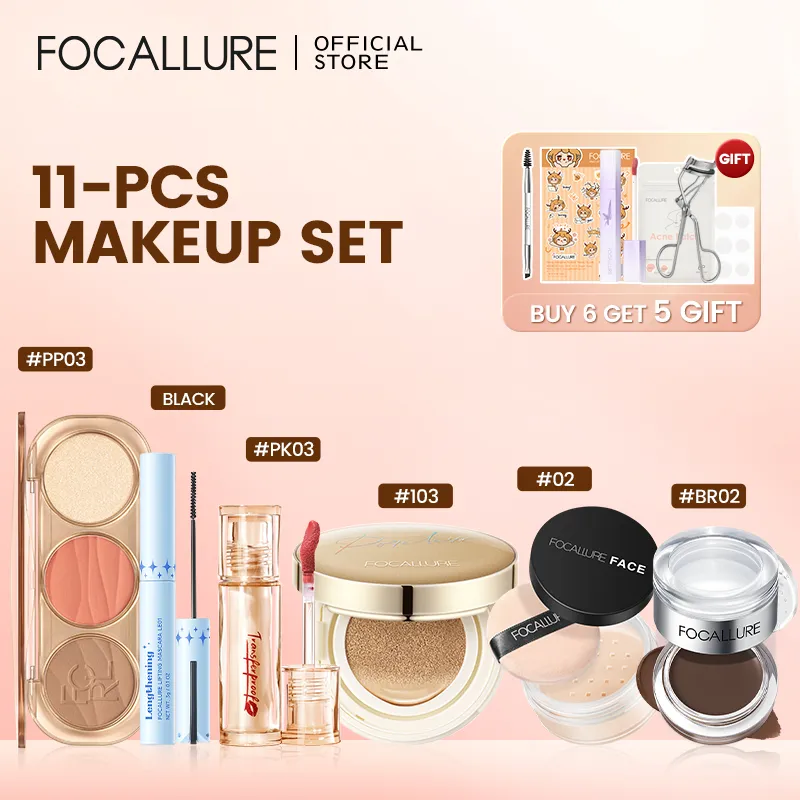 FOCALLURE 9/11 PCS Set Lip Tint Mascara BB Cushion Loose Powder Eyebrow Cream Gel 3-IN-1 Palette