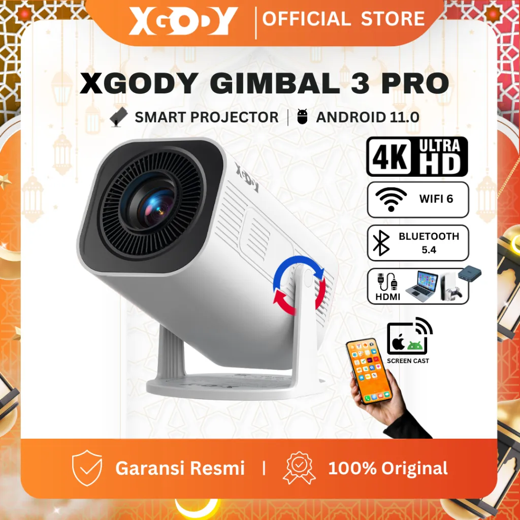 XGODY Gimbal 3 Pro Smart Proyektor LCD Android 11 -720P -Built-in Speaker -Netflix -YouTube 220 ANSI