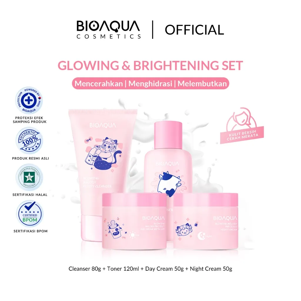 Bioaqua Cosmetics Skincare 1 Set Lengkap 4pcs Skincare Anak 12 Tahun Milk Niacinamide Glowing & Brightening  Set dan Acne Skincare Paket With Cleanser Facial Wash /  Hydrating Toner / Whitening Brightening Moisturizer Day Cream / Night Cream / Sunscreen