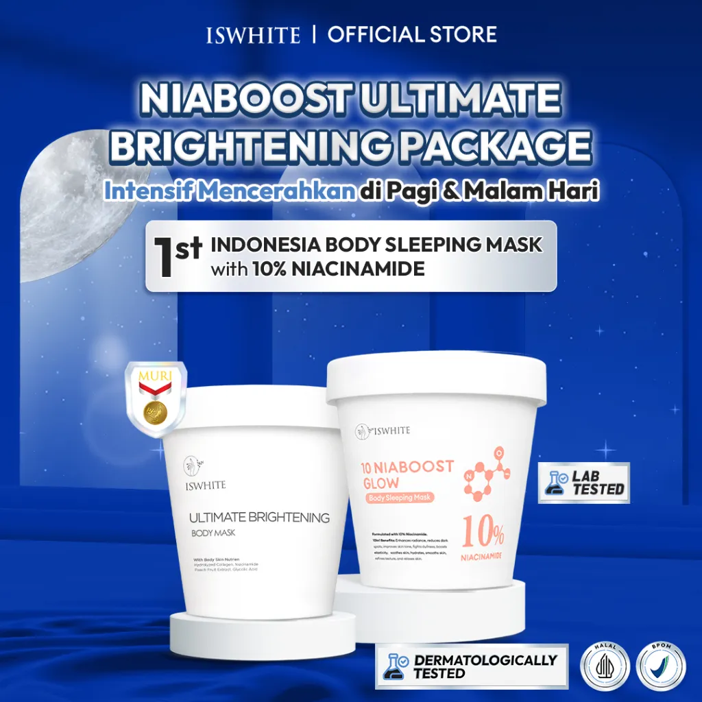 [ PAKET PENCERAH TUBUH ] ISWHITE NIABOOST ULTIMATE BRIGHTENING PACKAGE | Ultimate Brightening Body Mask dan 10 Niaboost Glow Sleeping Body Mask Masker Badan Mencerahkan Badan Body