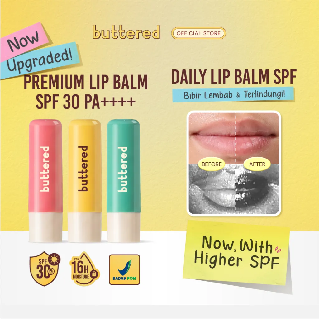 [Pre-Order] Buttered Premium Lip Balm Harian SPF 30 PA++++ Daily Lip Balm untuk Pemakaian Harian dengan Broad Spectrum UVA UVB Melembapkan Hingga 16 Jam Perawatan Bibir Kering Lipbalm Ringan Tidak Lengket dan Nyaman Dipakai Sehari-hari
