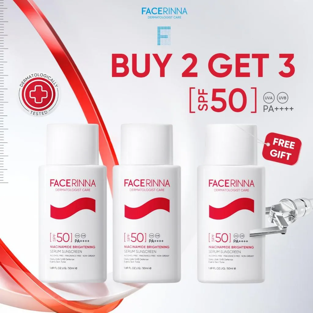 [Buy 2 Get 3] Facerinna Niacinamide Brightening Serum Sunscreen SPF 50 PA++++50ml | Proteksi UV  Daily UV Defense Chemical Sunscreen Menyerap Cepat Mencerahkan Fades Dark Spots Tone Up Cream Sunscreen Wajah Sunblock Kulit Berminyak berjerawat