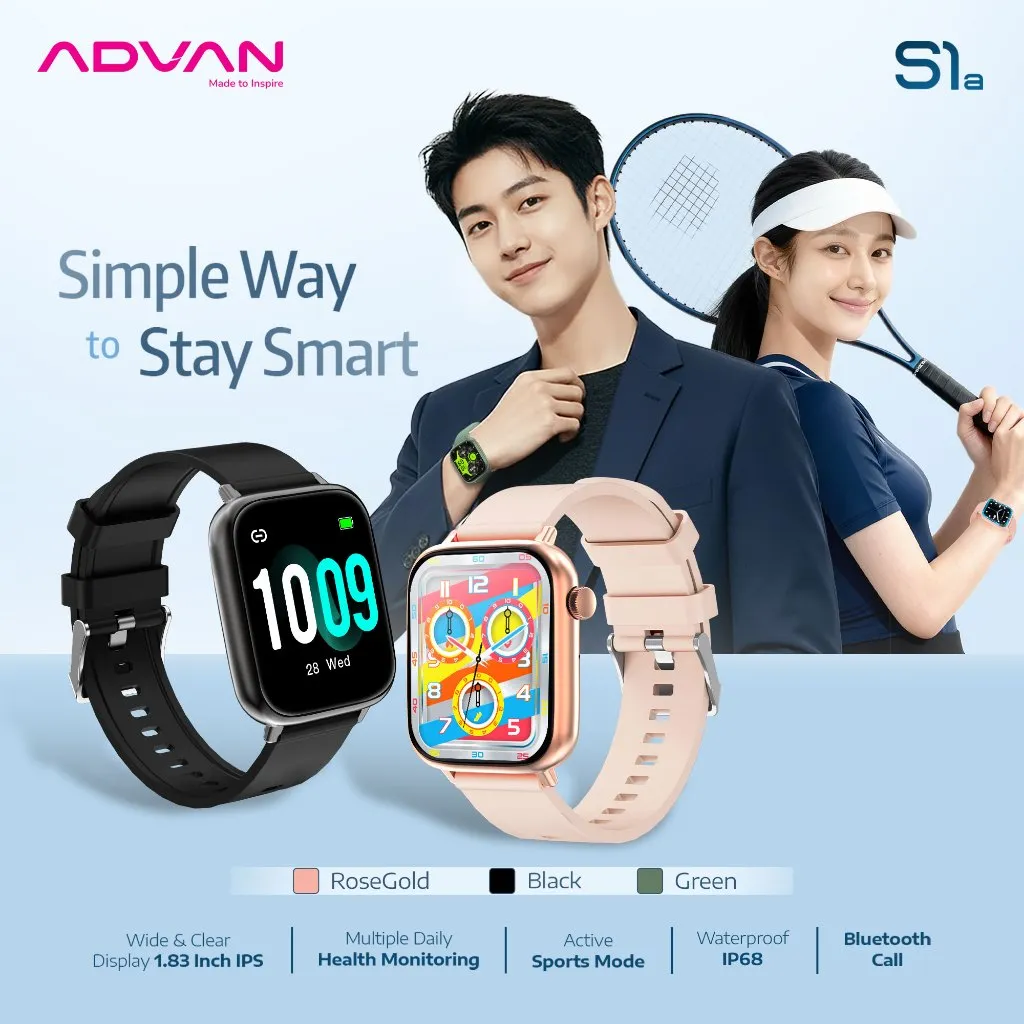 ADVAN Smartwatch S1a | 1.83 Inch | Bluetooth Call | 20 Hari Standby | IP68 Waterproof | Heart Rate Blood Oxygen | Garansi Resmi 1 Tahun