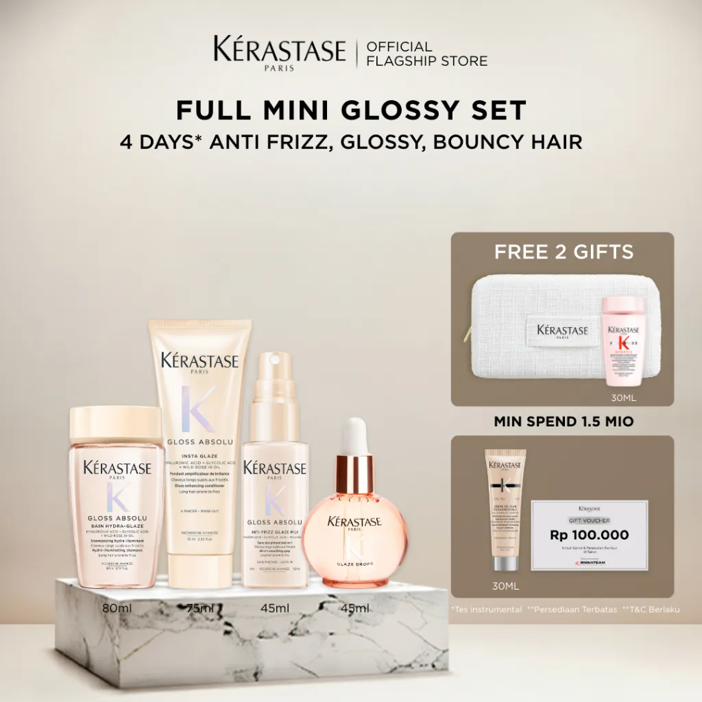 [New Launch] Kerastase Gloss Absolu Glossy Hair Mini Complete Set - Bain Hydra Glaze 80ml, Fondant Insta Glaze 75ml, Glaze Drop Hair Oil 45ml, Anti Frizz Glaze Milk 45ml - Shampoo, Conditioner, Hair Oil, Heat Protectant for Anti Frizz, Glossy, Bouncy Hair