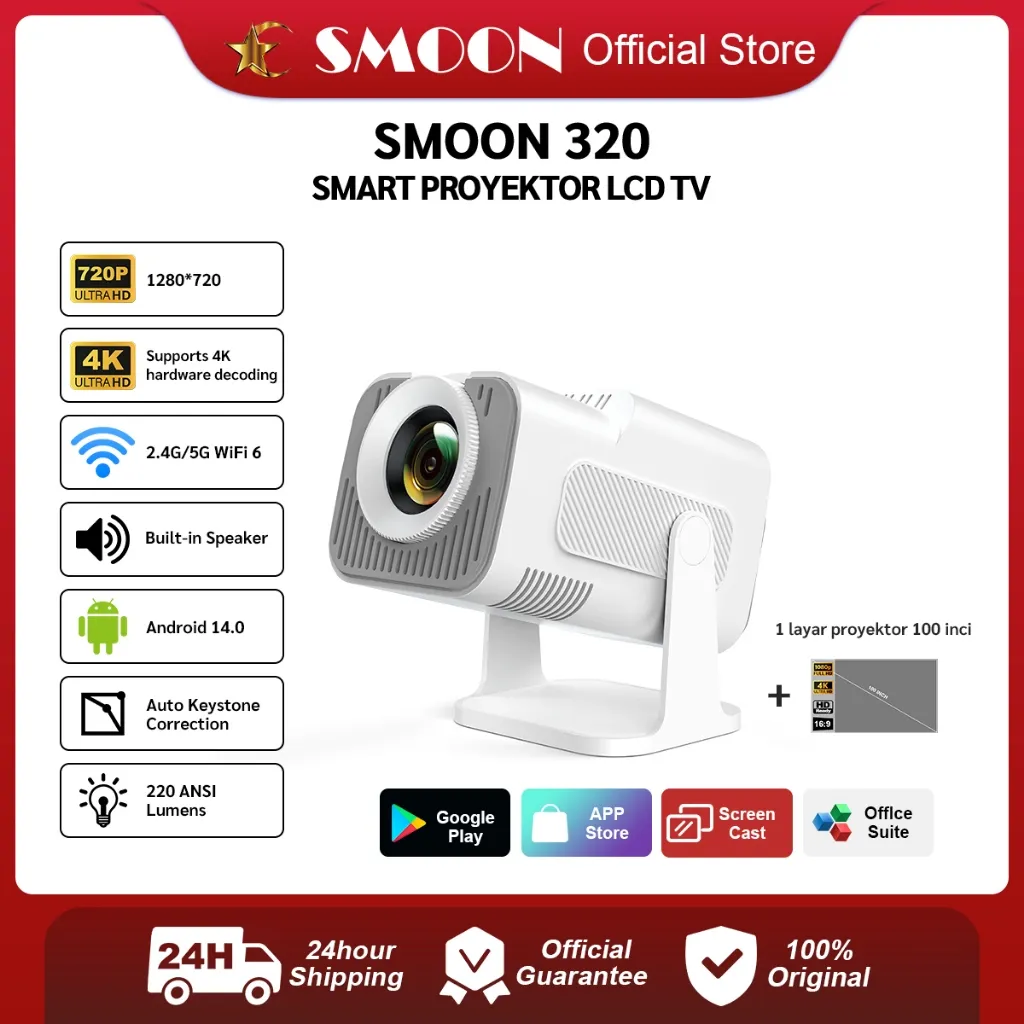 SMOON 320 Projector LCD TV - Proyektor Pintar - HY320 - 220 ANSI Lumens - TV Android - Fokus Otomatis - Netflix - Google TV - YouTube - Include Kabel HDMI