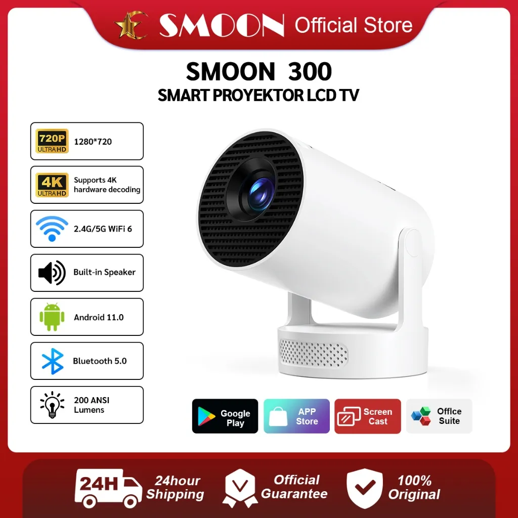 SMOON 300 Smart Projector LCD TV - Proyektor Pintar - 200 ANSI Lumens - TV Android - Fokus Otomatis - Netflix - Google TV - YouTube - Include Kabel HDMI