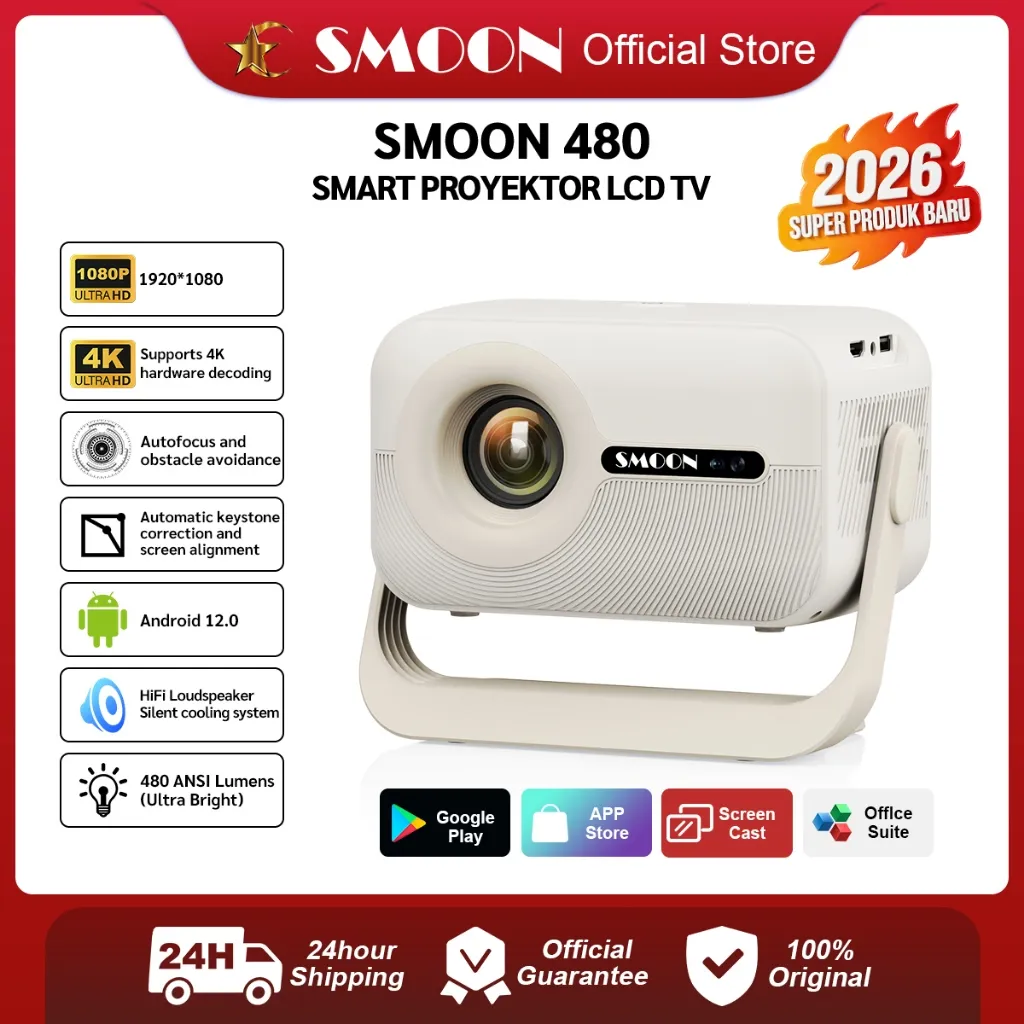 SMOON 480 Ultra Smart Projector LCD TV - Proyektor Pintar - 480 ANSI Lumens - TV Android - Fokus Otomatis - Netflix - Google TV - YouTube - Include Kabel HDMI