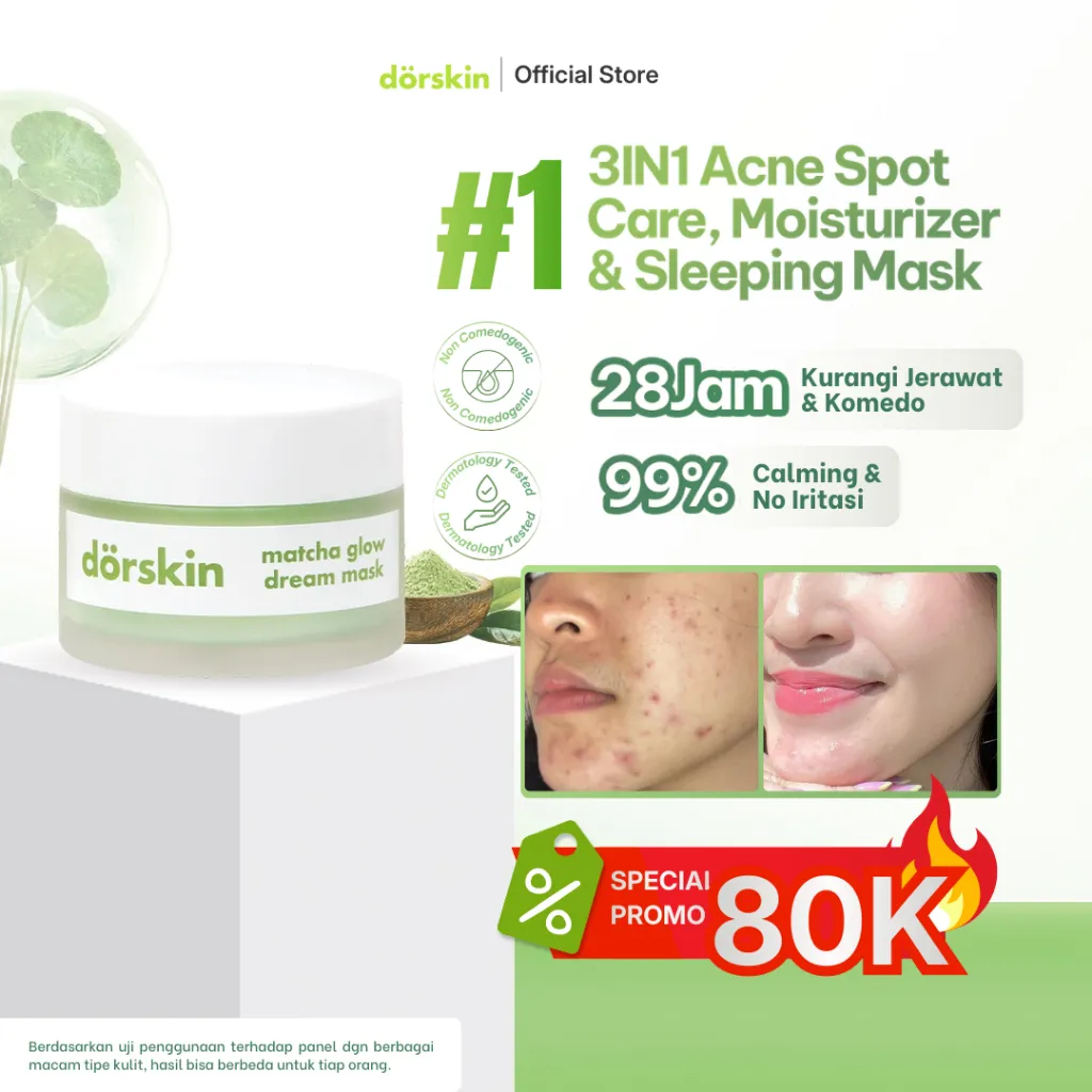 Dorskin - Matcha Glow Dream Mask 3in1 Moisturizer & Sleeping Mask Untuk Melembapkan dan Meredakan Jerawat Kemerahan dengan Centella Asiatica 2%