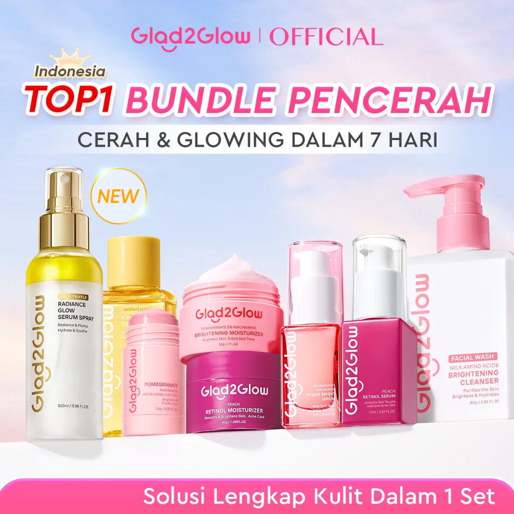 [Cocok Untuk Pemula]Glad2Glow Cerah Glowing Bundle all in 1 7in1-Brightening Moisturizer+Serum+Cleanser+toner+Peeling solution+Retinol 10%Niacinamide skincare paket pembersih perawatan kulit mencerahkan warna kulit g2glow official store