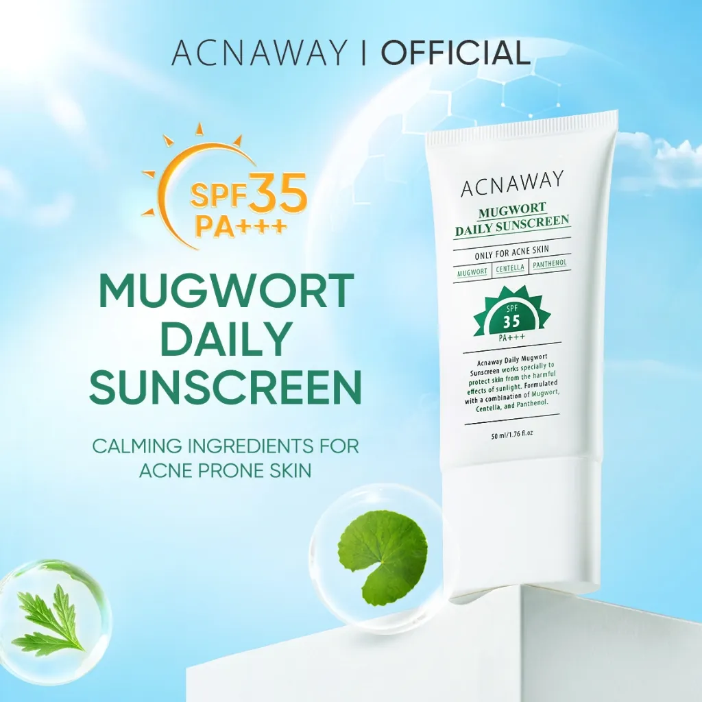 ACNAWAY Mugwort Daily Sunscreen SPF 35 PA+++ – Sunscreen Wajah Ringan UV Protection Lightweight No Whitecase No Comedogenic Acne Calming Tabir Surya Cepat Menyerap untuk Kulit Berjerawat Melembapkan & Melindungi Kulit Berjerawat Cocok Semua Jen