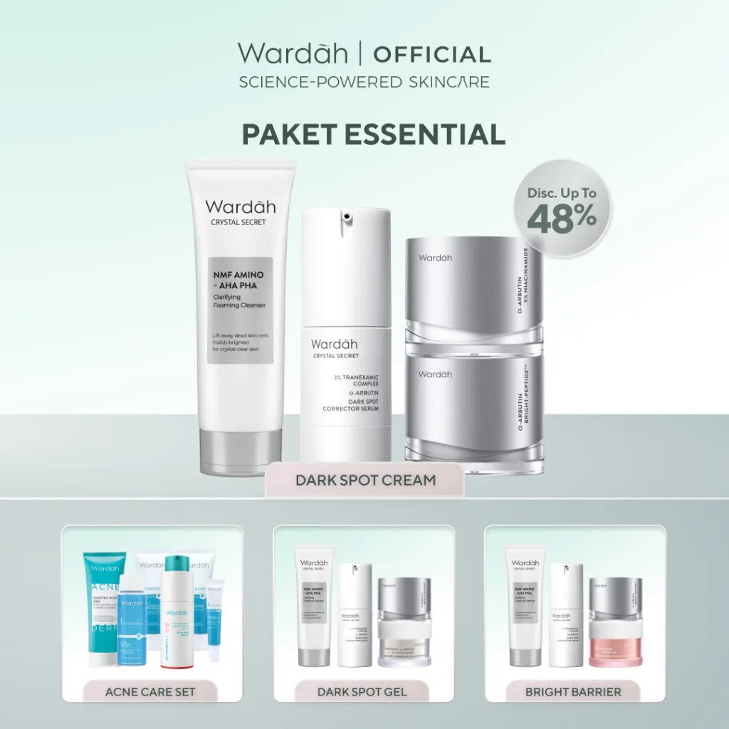 WARDAH Paket Essential - Azeclair Acne Care, Symradiance Niacinamide Brightening, Crystal Secret Dark Spot, Hyaluron Bright Barrier - Serum, Day & Night Moisturizer, Cleanser - Skincare