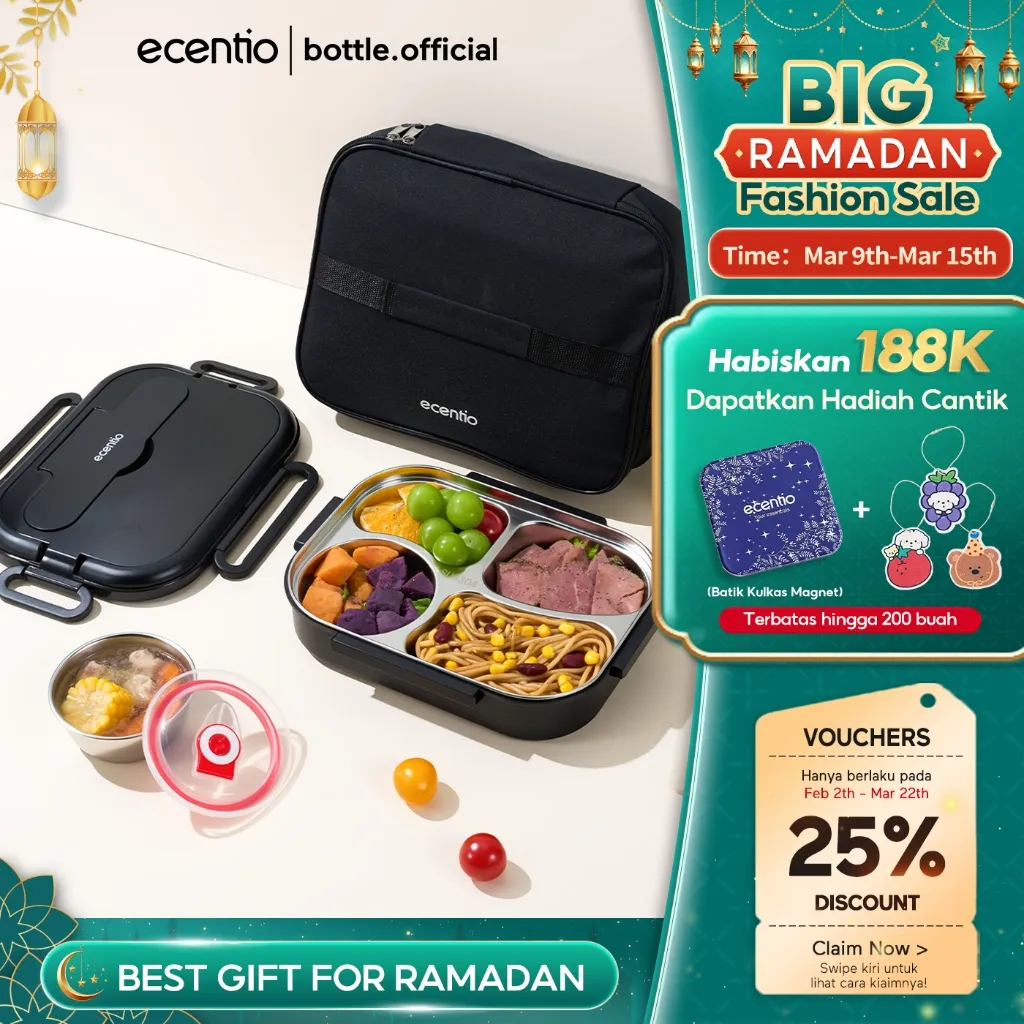 ecentio lunch box stainless /Kotak Makan 4 Sekat Tahan Panas Dan Anti Tumpah tempat makan