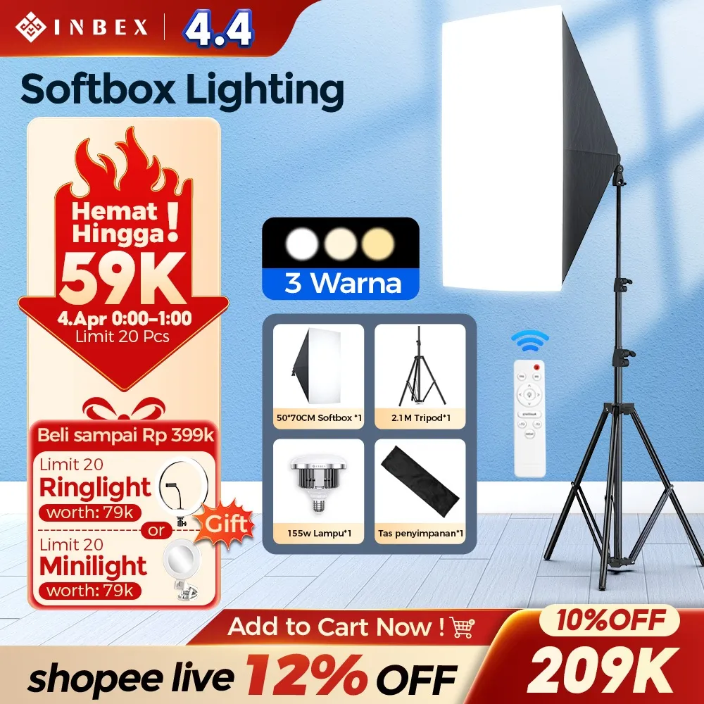 [NO.1]INBEX Softbox Kit Lighting Konten Kreator Ring light  Lampu Studio vlog Live Streaming Video 3 Warna 3000K 6000k 50x70cm
