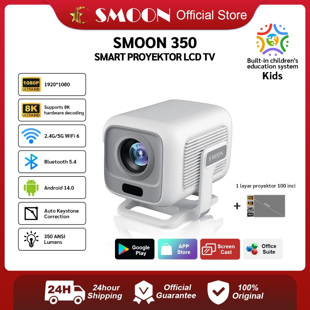 SMOON 350 Pro Projector LCD TV - Proyektor Pintar - 350 ANSI Lumens - TV Android - Fokus Otomatis - Netflix - Google TV - YouTube - Include Kabel HDMI