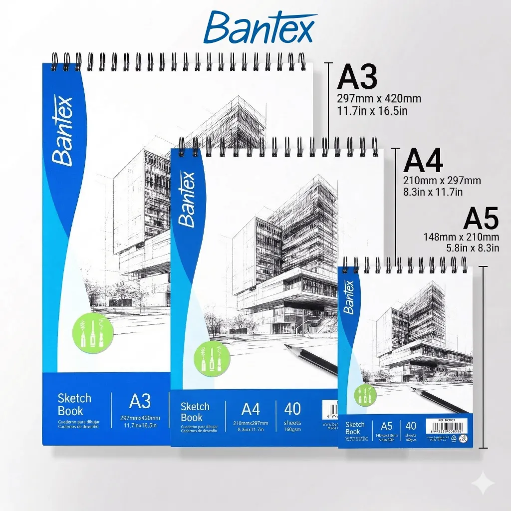 Bantex Sketch Book / Buku Gambar Sketsa Tebal 160gr Spiral + Tear Line A3 A4 A5 40 Lembar BK100X