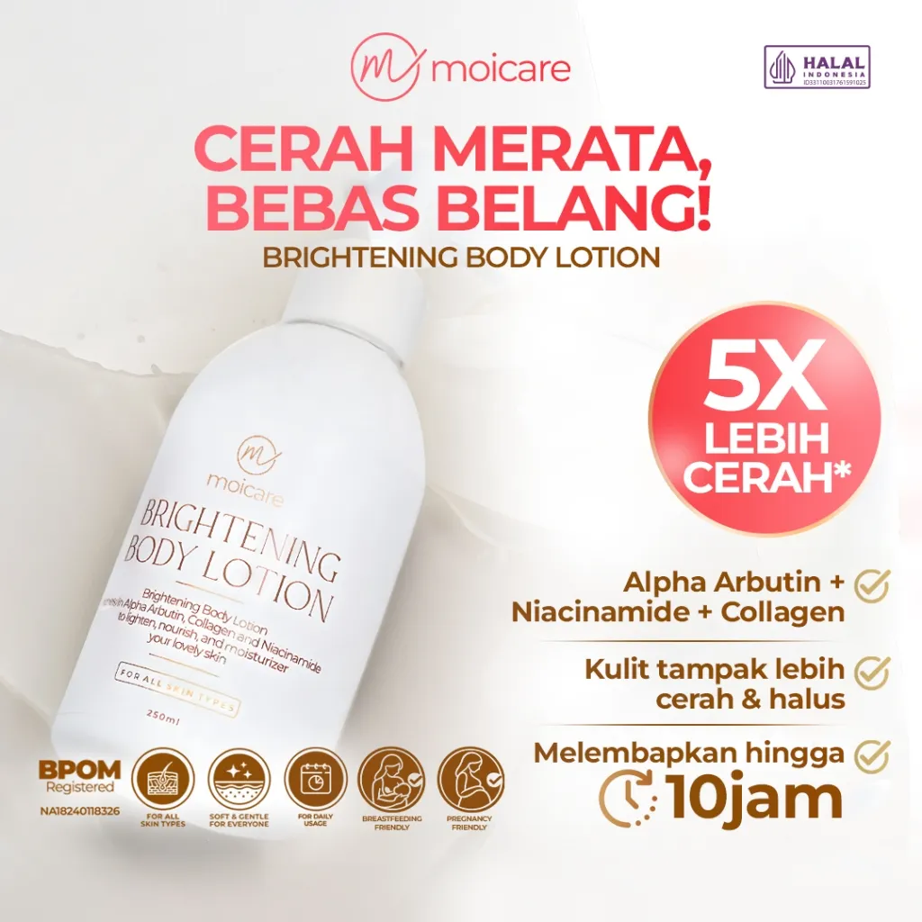 Moicare Brightening Body Lotion - Pencerah Kulit Kusam, Melembutkan, Menghaluskan, Memudarkan Noda Hitam, Melembapkan Kulit Kering with Niacinamide, Alpha Arbutin & Collagen