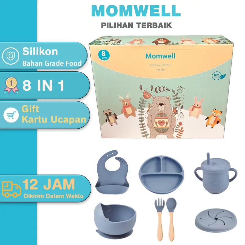 Momwell 8 in 1 Alat Makan Bayi Baby Gift Set Peralatan Makan Silikon Dengan Kartu Ucapan BIB06