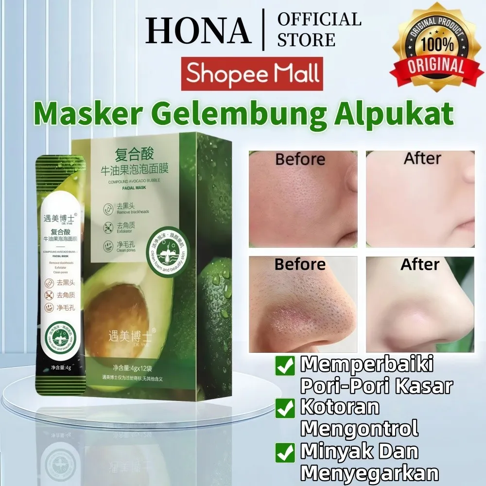 HONA - Masker gelembung alpukat asam majemuk/Pembersihan mendalam, penghilang komedo, jerawat, pelembab, peremajaan kulit, masker pembersih pori-pori/Avocado Mask Complex Bubble Sleeping Mask Deep Cleansing 4g*12 bungkus 