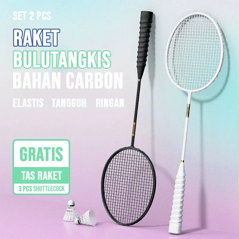 SET 2 PCS Raket BuluTangkis Raket Badminton Carbon Bahan Full Karbon GRATIS TAS & PAKET 3 KOK