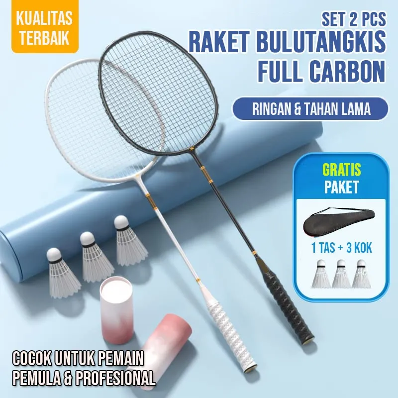 BBAK 2 PCS Raket BuluTangkis Raket Badminton Bahan Full Carbon GRATIS TAS & PAKET 3 KOK