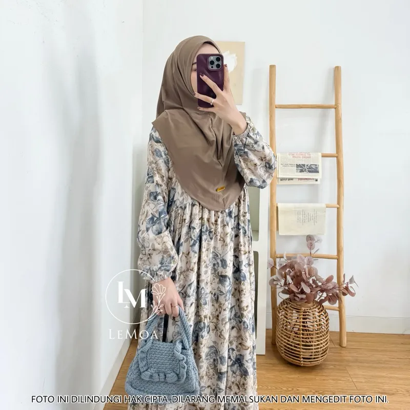 Arsy Midi Dress dan Set Hijab By Lemoa Gamis Rayon Motif Terlaris Baju Lebaran Busana Muslim Wanita