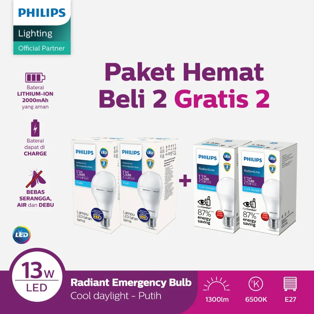 Beli 2 Philips Lampu Emergency Rechargeable 13W 6500k Putih Gratis 2 Lampu LED 13W 6500k Putih