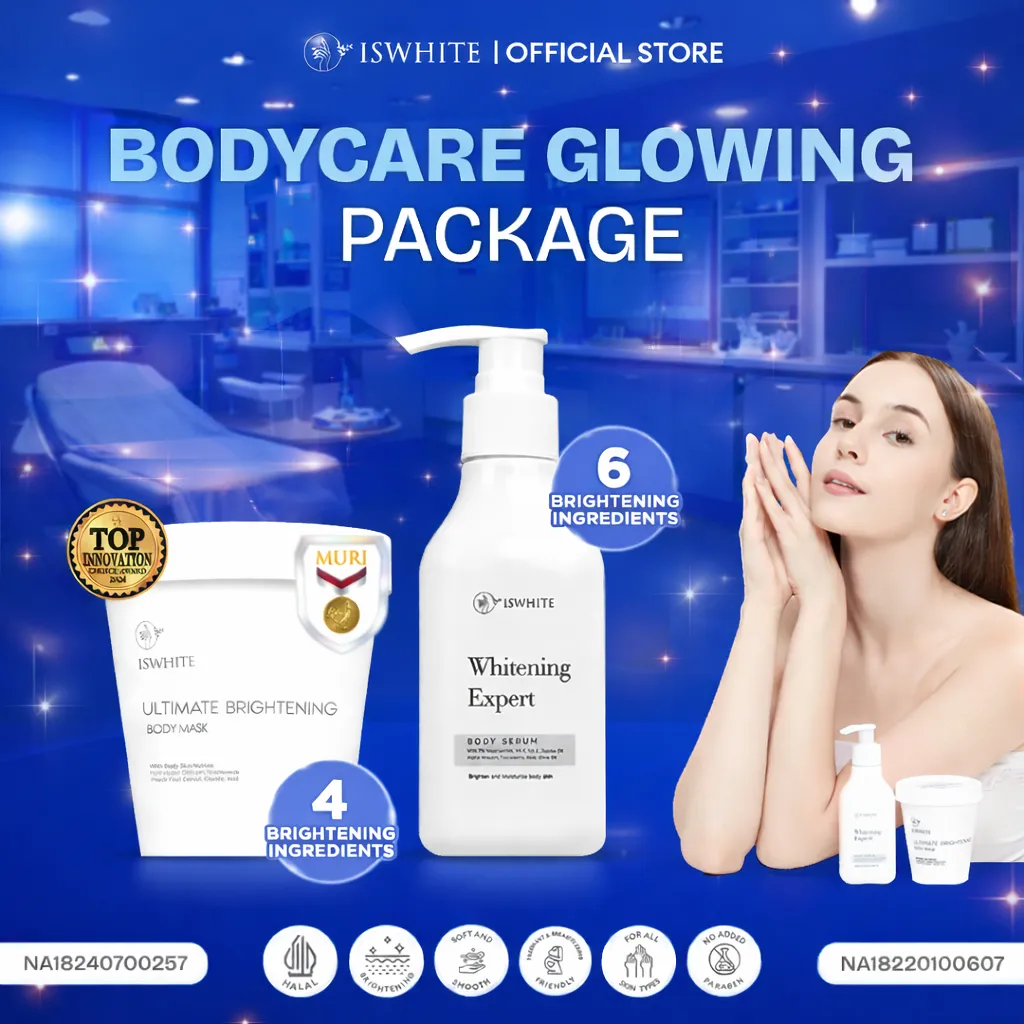 [ PAKET PENCERAH BADAN ] ISWHITE Bodycare Glowing Package - Paket Pencerah Kulit | Ampuh Mencerahkan Kulit Lebih Cepat | Body Mask - Masker Badan | Body Serum BPOM HALAL