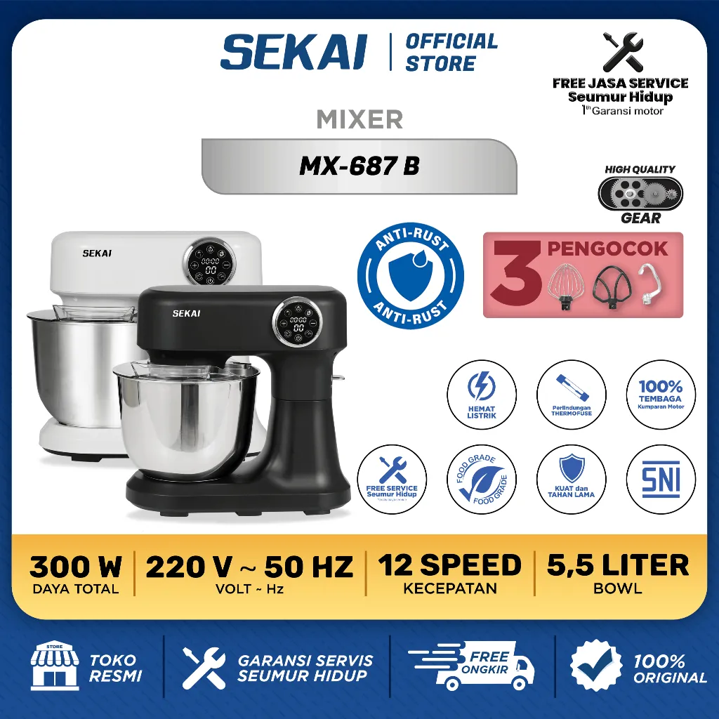 SEKAI Stand Mixer Low Watt - Alat Pengaduk Adonan Mixer Varian Manual & Digital 4.5 L / 5.5L / 7.5L -  MX 685 / MX 686 B/ MX 687 B / MX 692 / MX 694