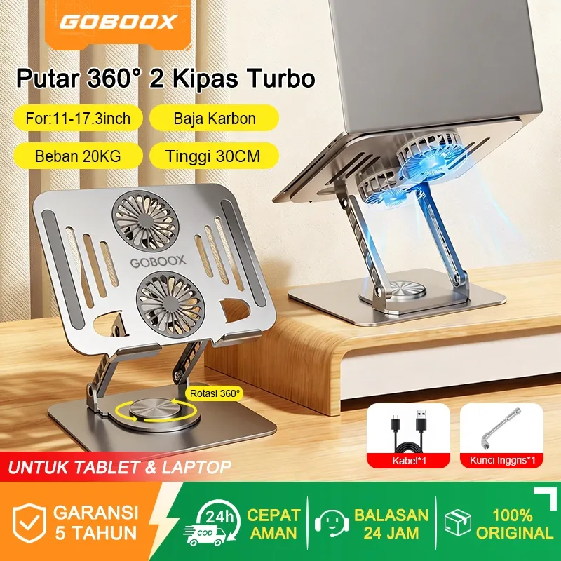 GOBOOX Stand Laptop Aluminium Rotasi 360° Cooling Pad Laptop 2 Kipas Turbo Dudukan Laptop Pendingin Laptop Portable Lipat For 11-17,3 Inci (Free：Kunci Inggris*1)