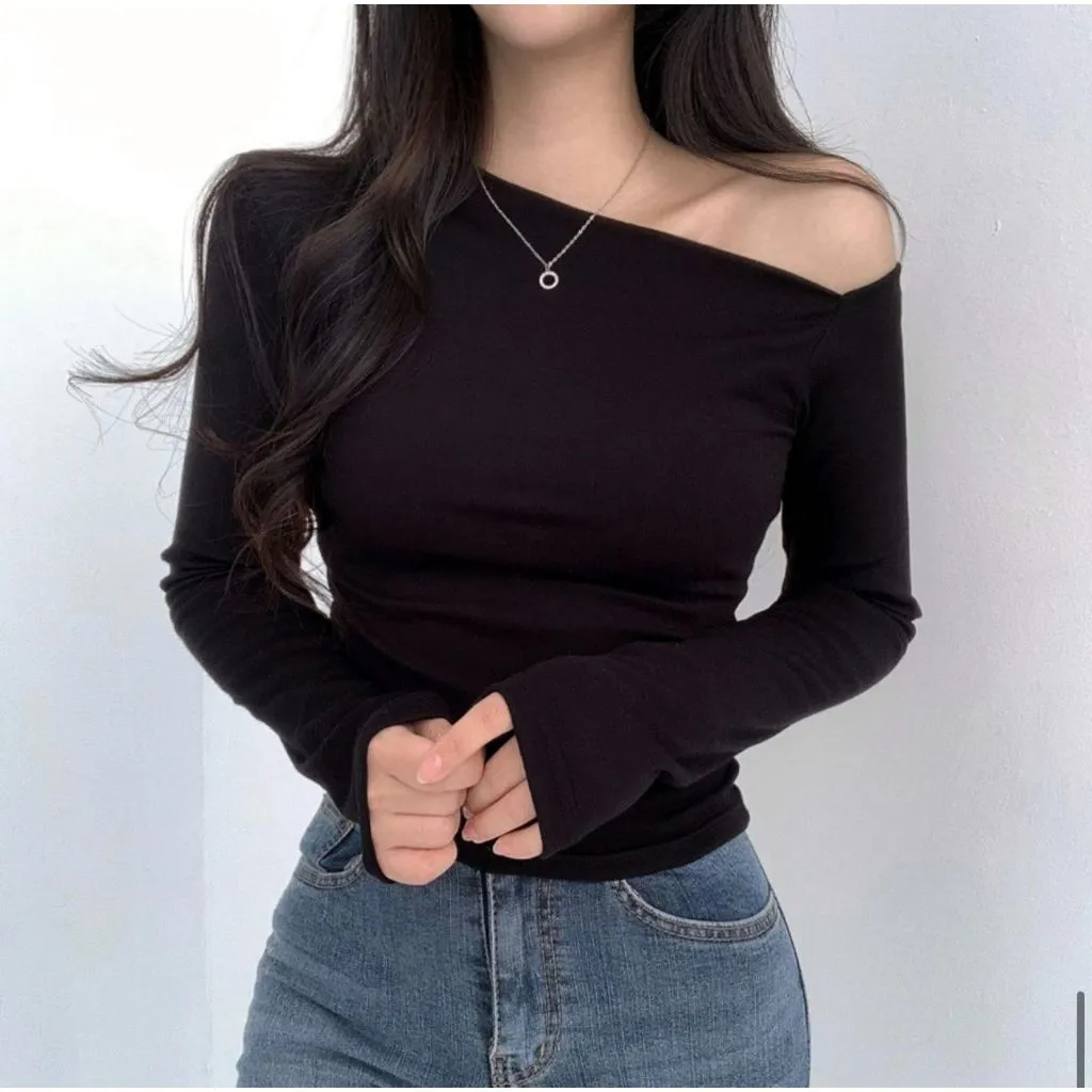Atasan Crop One Shoulder Wanita - Crop Top Sabrina Off Shoulder Slim Fitting Lengan Panjang 6066