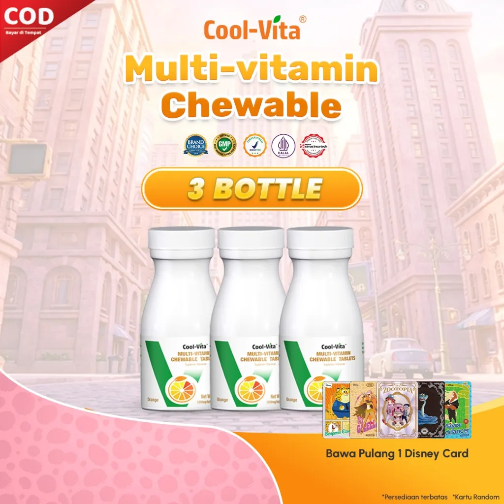 Coolvita 3 Botol isi 90 Tablet Multi-Vitamin Chewable Orange Rasa Jeruk - Suplemen Penambah Nafsu Makan dan Membantu Meningkatkan Energi - Original & BPOM