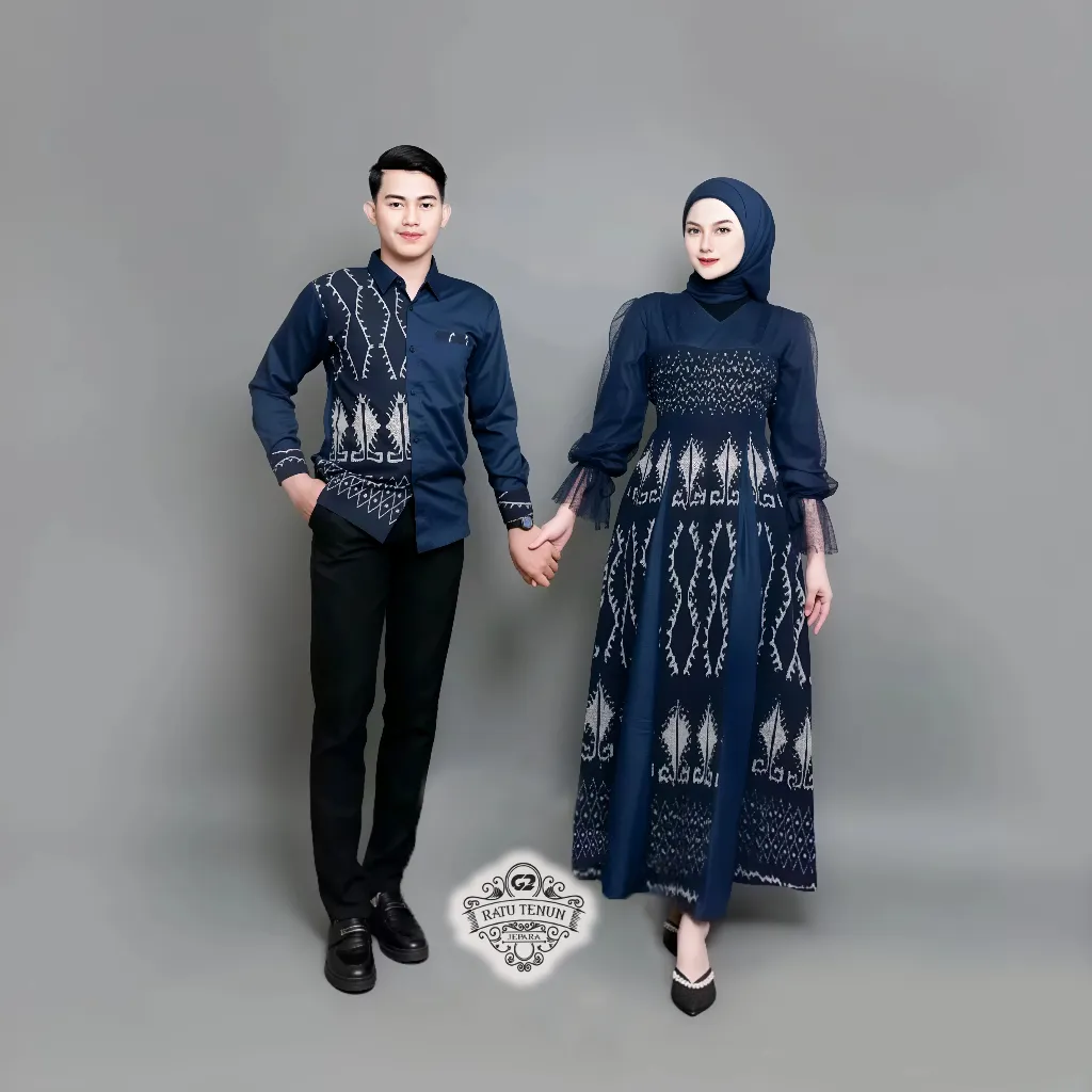 SET BAJU COUPLE TENUN TERBARU THALIA NAVY - Baju Tenun  Couple - set baju seragam keluarga