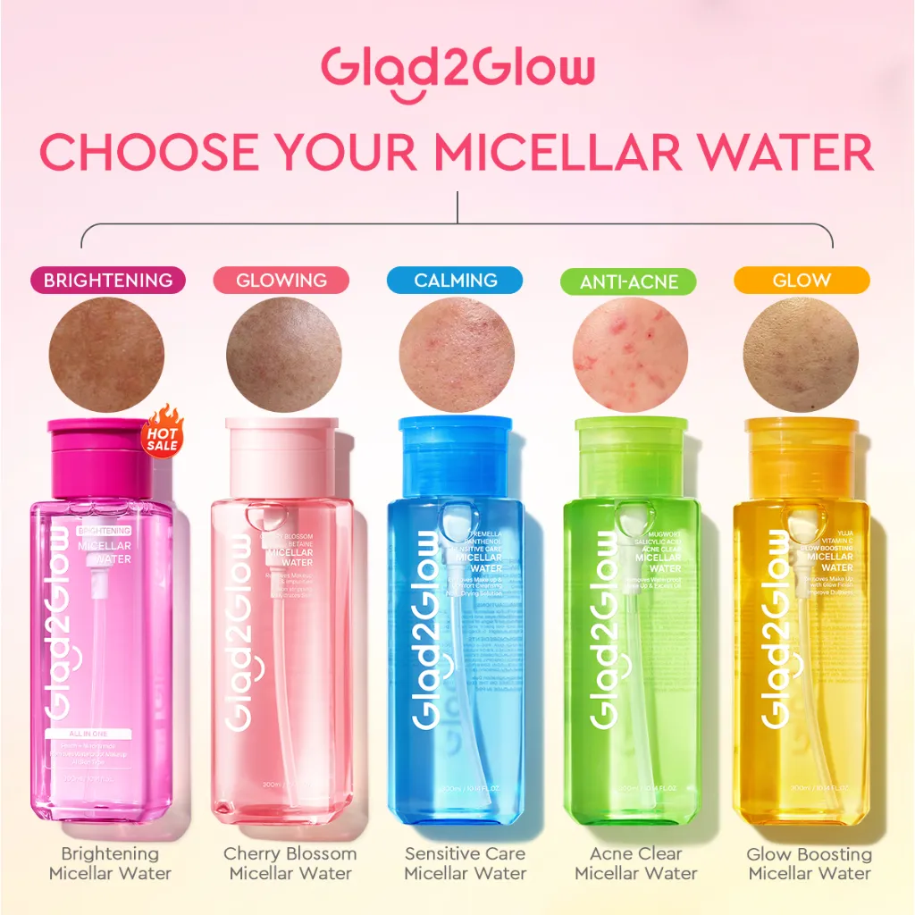 [100% ORI | Beli 2 Save More] Glad2Glow  Make Up Remover Cleansing Water-300ml Cherry Blossom Betaine Micellar Water /Mugwort Salicylic Acid Acne Clear Micellar Water /Yuja Vitamin C Glow Boosting Micellar Water/Tremella Panthenol Sensitive Care